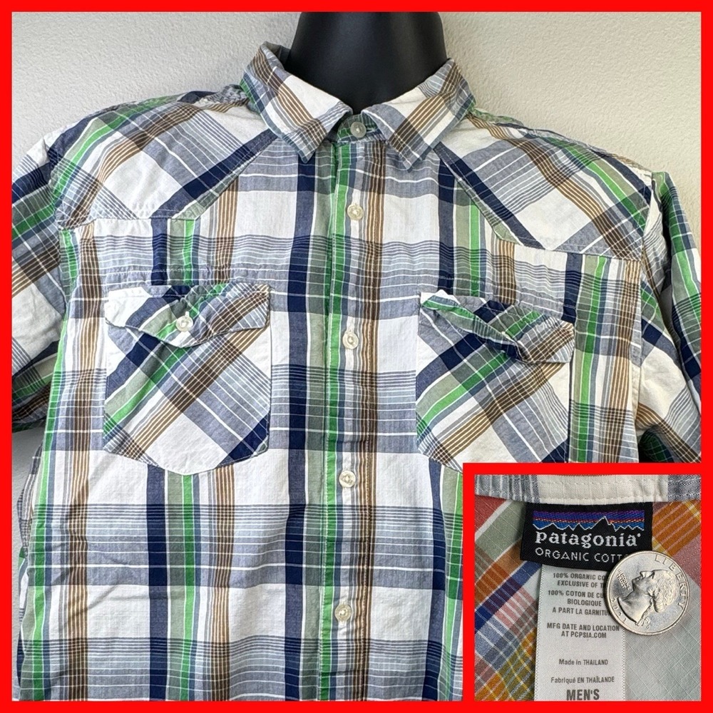 Patagonia Button Up Shirt Mens‎ Large Green Plaid Organic Cotton Western Yoke